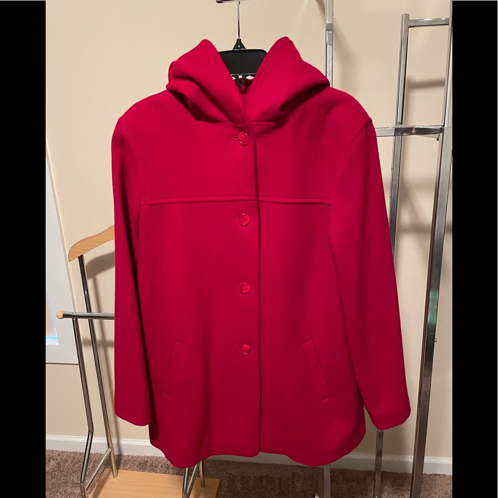 Used red coat with hoodie ( J. Percy) size L, 100% merino wool.